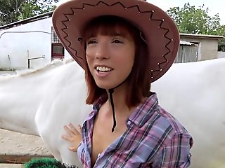 Asian redhead Tina Hot fucks for money at the stables