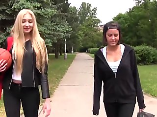Lesbian teen pussylicked while toyed outdoors