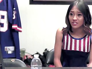 Asian brunette Jasmine Grey squeals as she rides her amazing Asian cunt!